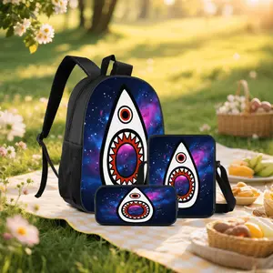 Three-piece Galaxy Shark Mouth Bag Set, includes a space-themed backpack and pencil case, with shark tooth design and cosmic nebula print, adjustable crossbody laptop bag, suitable for travel and commuting, machine washable, ideal gift for teenagers