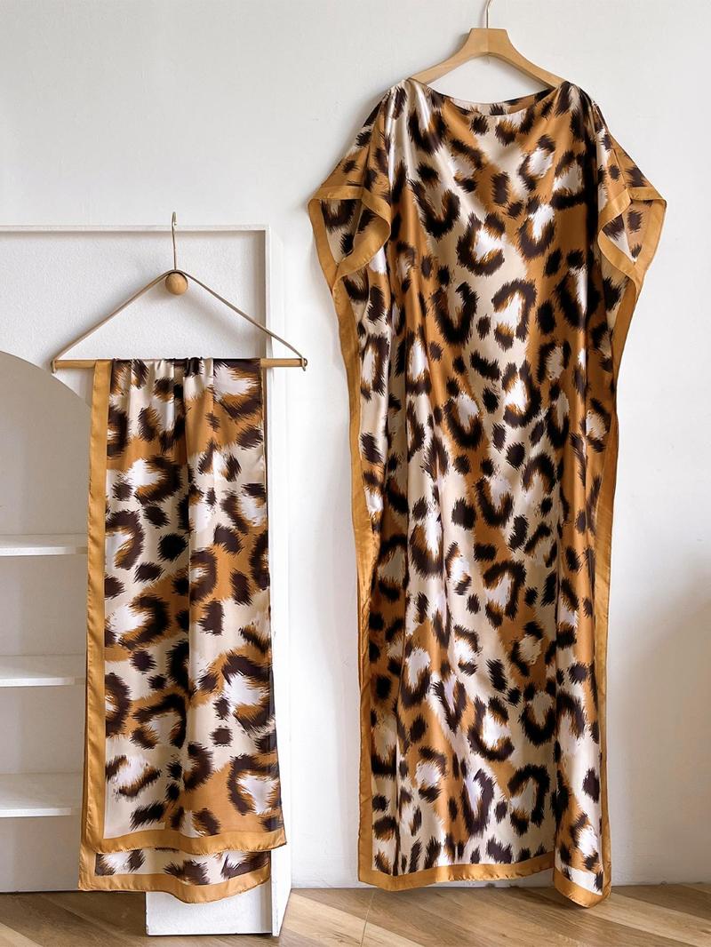 Women's Leopard Print Long Sleeve Kimono & Scarf Set, Casual Open Front Outerwear & Shawl, Ladies Clothes for Beach Vacation, Womenswear