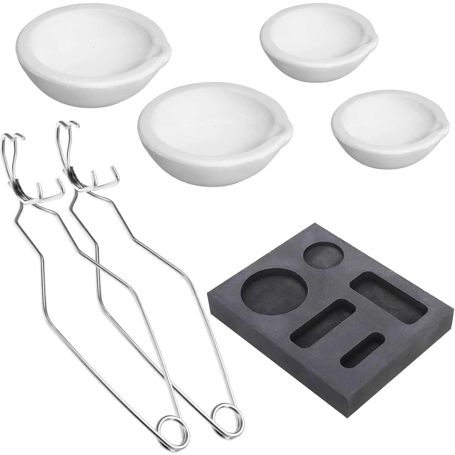 7pcs Graphite Metal Melting Casting Kit,5-in-1 Graphite Ingot Mold | 2 Quartz Crucibles (250g+600g), 2 stainless steel tongs, Fast Heating for Gold Silver Copper Aluminum, DIY Jewelry Casting