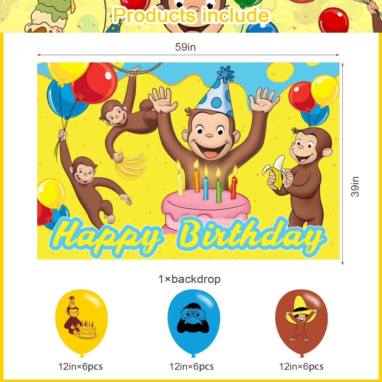 George Monkey Backdrop 5x3 Vinyl Cartoon Monkey Birthday Party Supplies Photography Background Picture Photoshoot Cake Table Decor Banner Shoot Drapes Poster