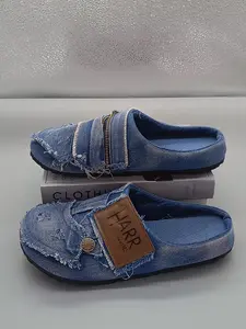 Men Vintage Frayed Denim Mule Slippers Distressed Ripped Design Zipper Detail Flat Comfort Walking Slides Footwear