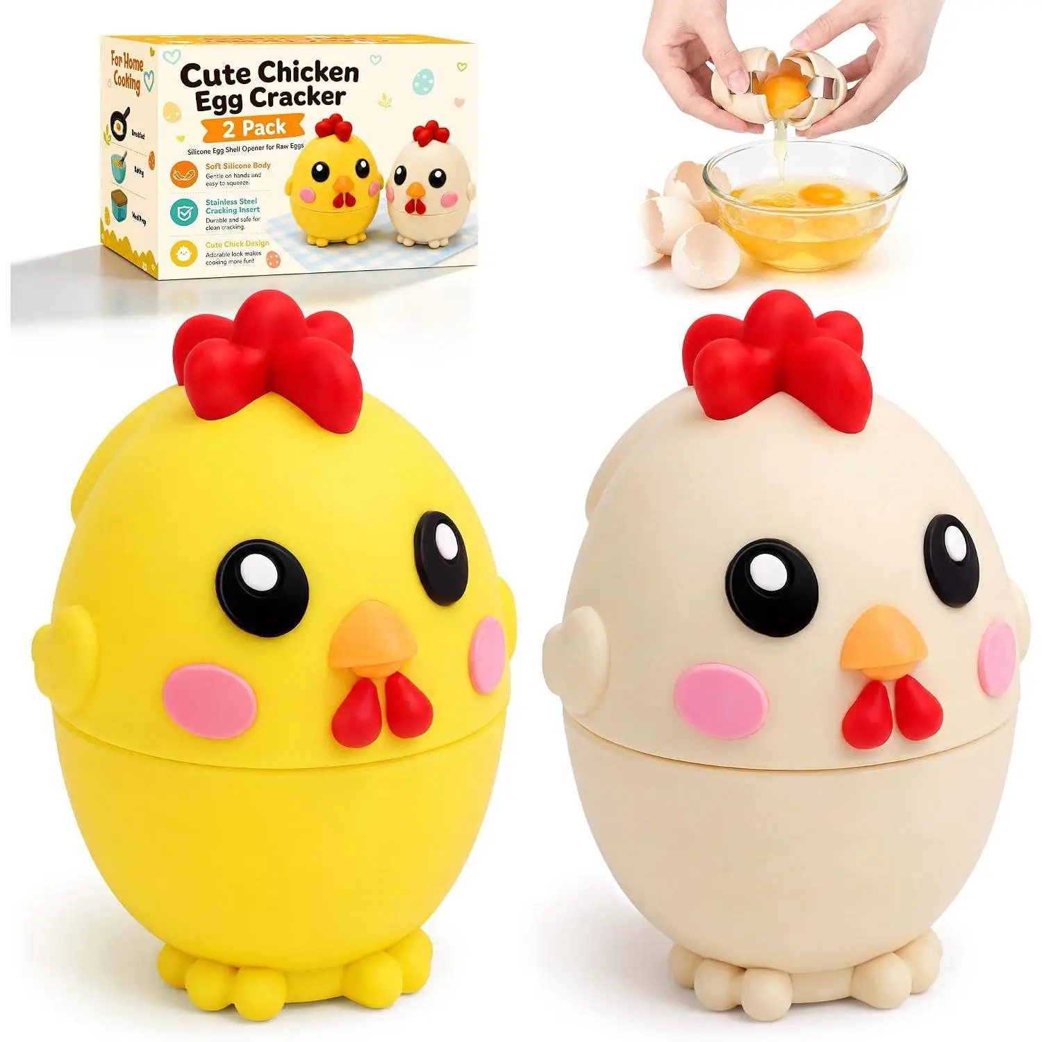 2 Pack Egg Cracker, Cute Chicken  Egg Shell Opener for  Eggs, Egg Cracker Tool with Stainless Steel Cracking Insert, No Mess Kitchen Gadget for Breakfast Baking Cooking - Khaki Yellow