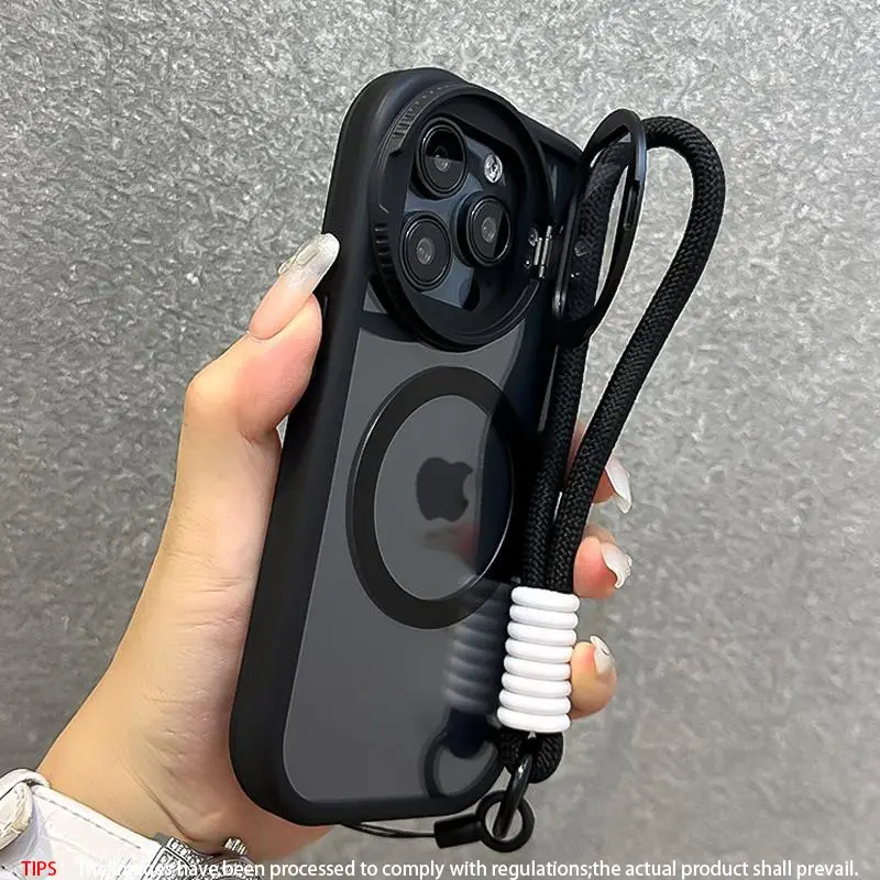 Magnetic transparent Foldable iPhone Case with Lens Cover & Wrist Strap, protective shell, TPU Shockproof Anti-Drop Durable Protective Bracket, Wireless Charging Compatible, for iPhone 12-17, Cellphone Accessories