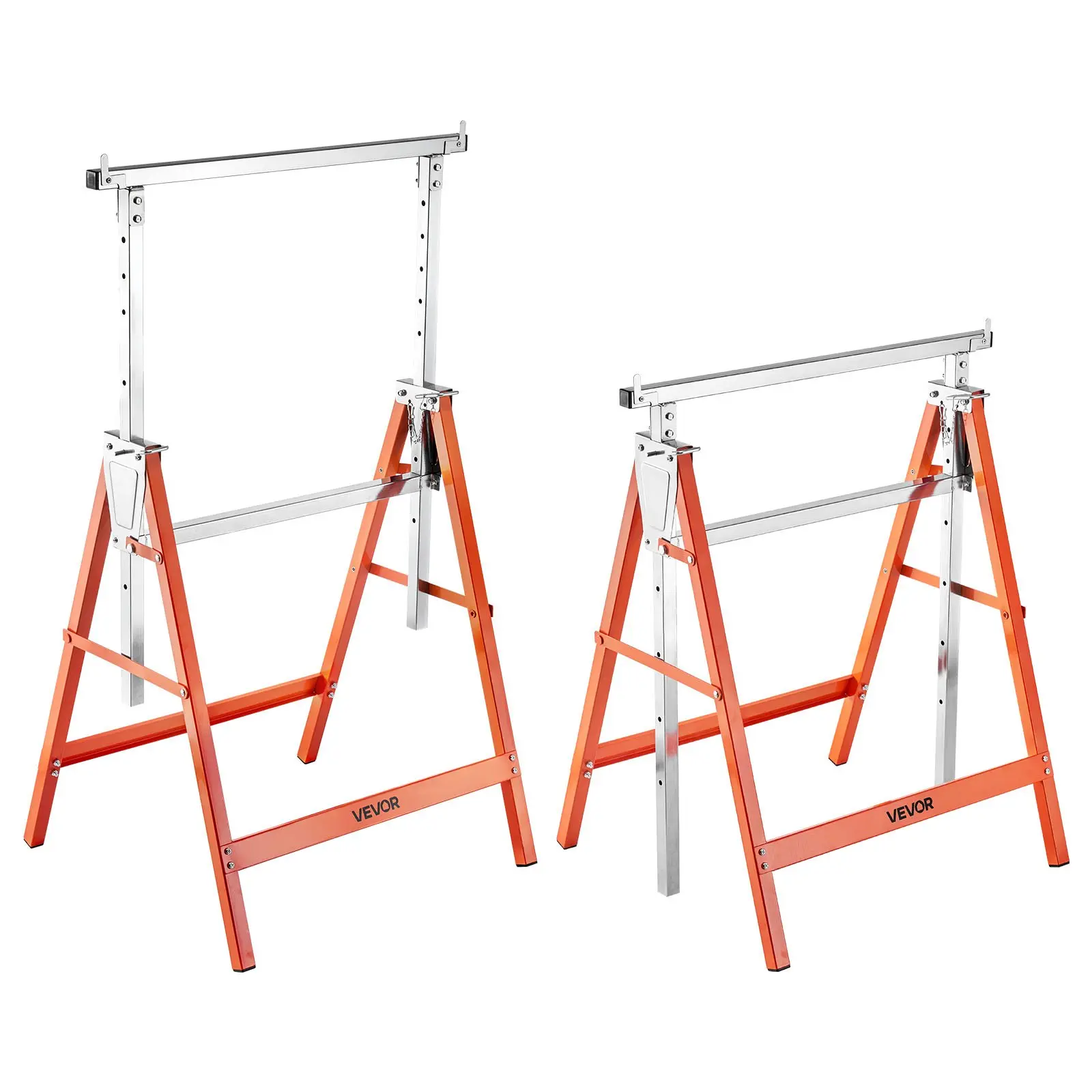 VEVOR Saw Horses, 2 Pack Folding Work Horses, 440 lbs Load Capacity Sawhorse with Heavy Duty Legs, Adjustable Height Saw Horse with Non-Slip Foot Pads, for Woodworking, Carpenters & Contractors
