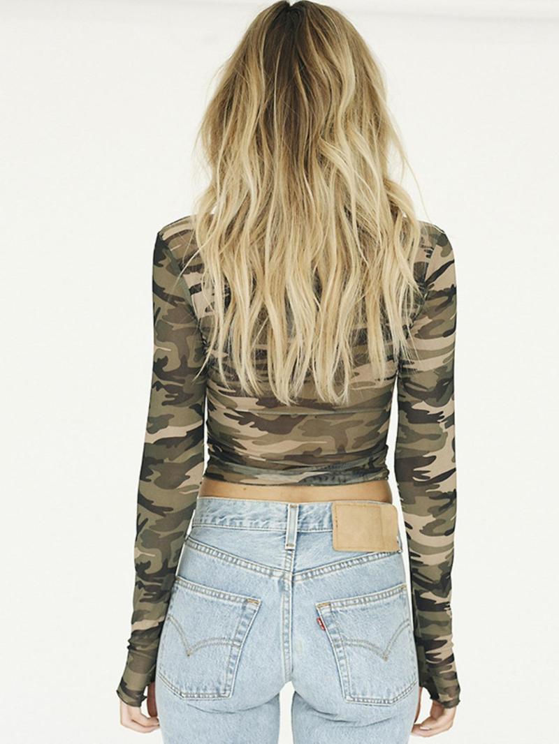 Women's Camo Graphic Print Round Neck Semi-sheer Tulle Crop Tee, Casual Long Sleeve Crew Neck T-shirt for Spring & Fall, Fashion Women's Top for Daily Wear