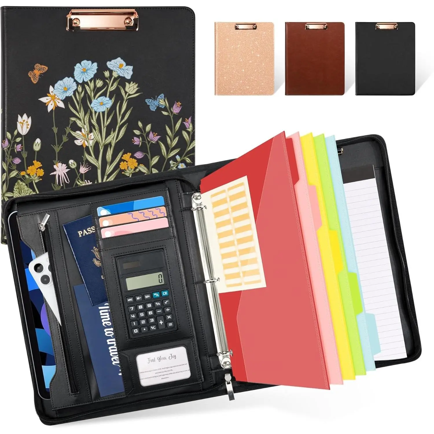 Leather Portfolio Folder with Zipper - 3 Ring Binder with Clipbard - Calculator, 12.1" Tablet Sleeve, 5 Dividers with 10 Pockets, Refillable Notepad, Card Holder (Bushes)