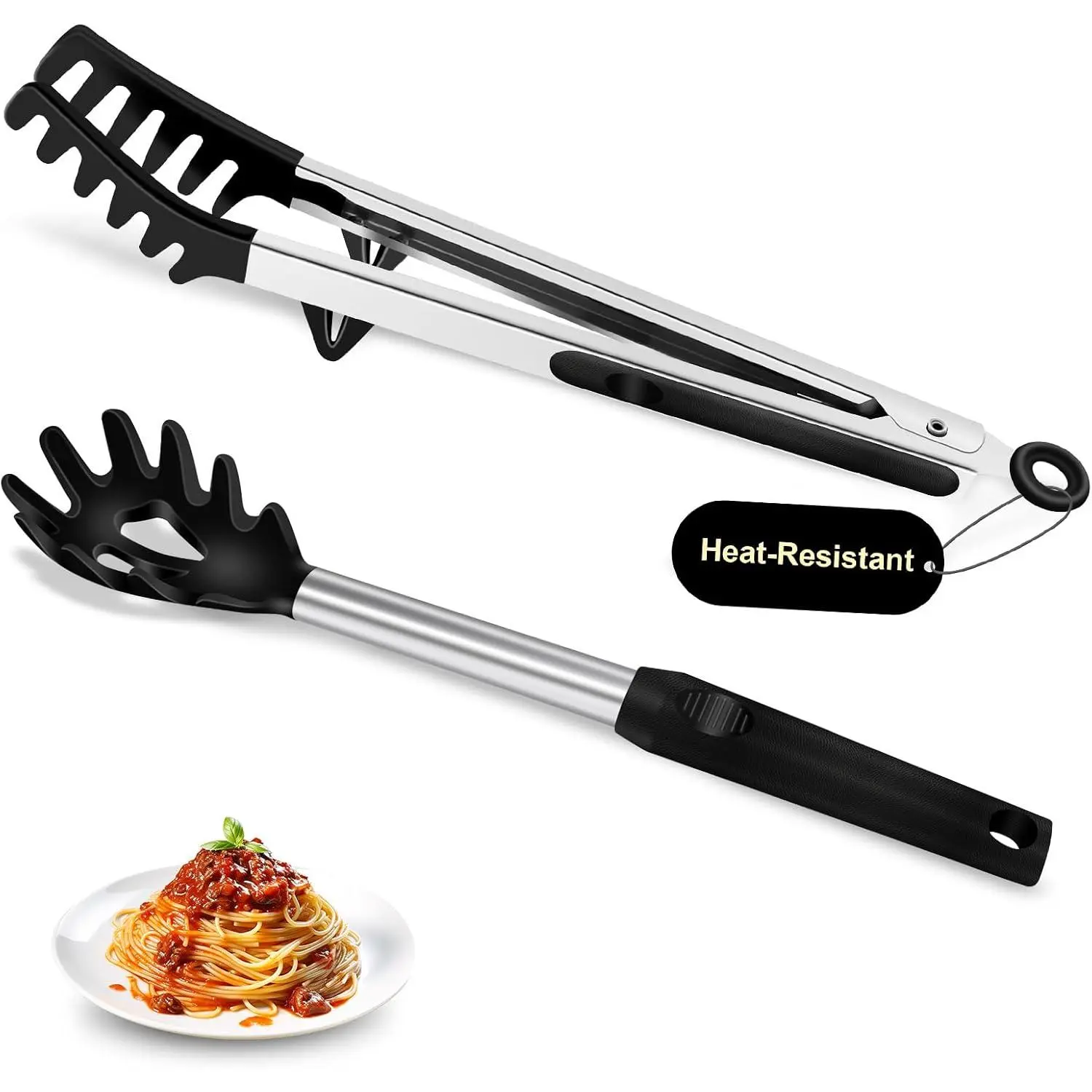 2-  Spaghetti Spoon and Pasta Tong Set, Heat-Resistant Non-Stick Noodle Server with , 13“  Spaghetti Strainer Fork, Stainless Steel Handle for Pasta Cooking, Black