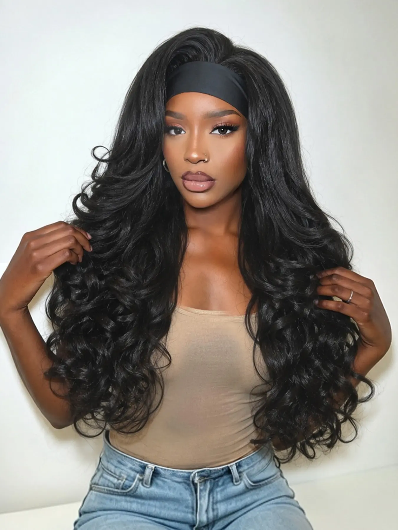Headband Yaki Curly Wig 26 Inch Synthetic Half Wig Glueless Wig with Filp Curls Curly Half Wigs For Women Daily Party Use(Natural Black) Headband Style Wig Curled Synthetic Wig