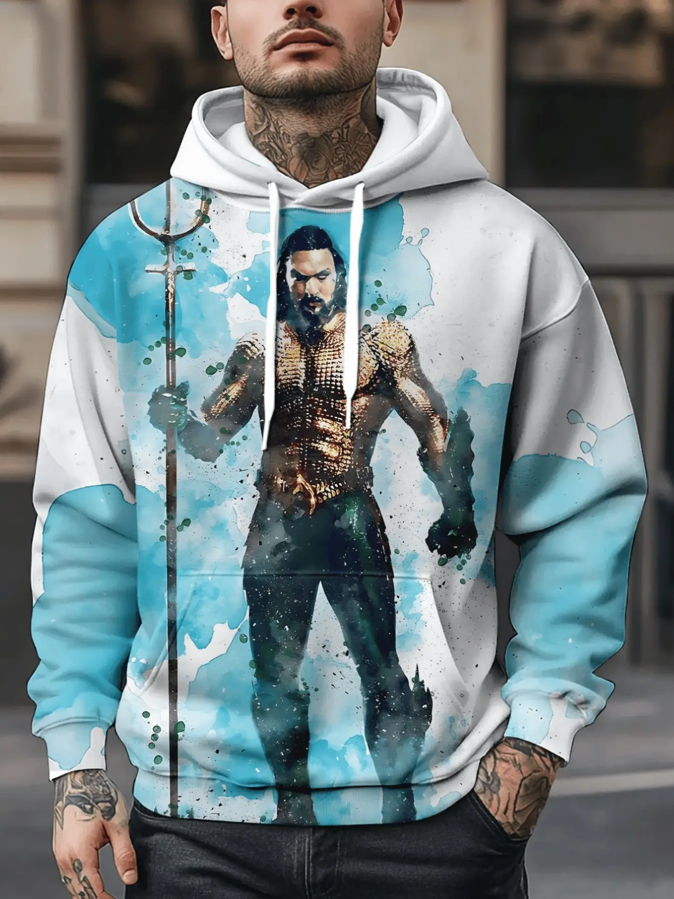 Warner Bros. Men's Novelty Sweatshirt, 3D Aquaman Print, Casual Sport Hoodie, Comfortable Daily Wear, Creative Design