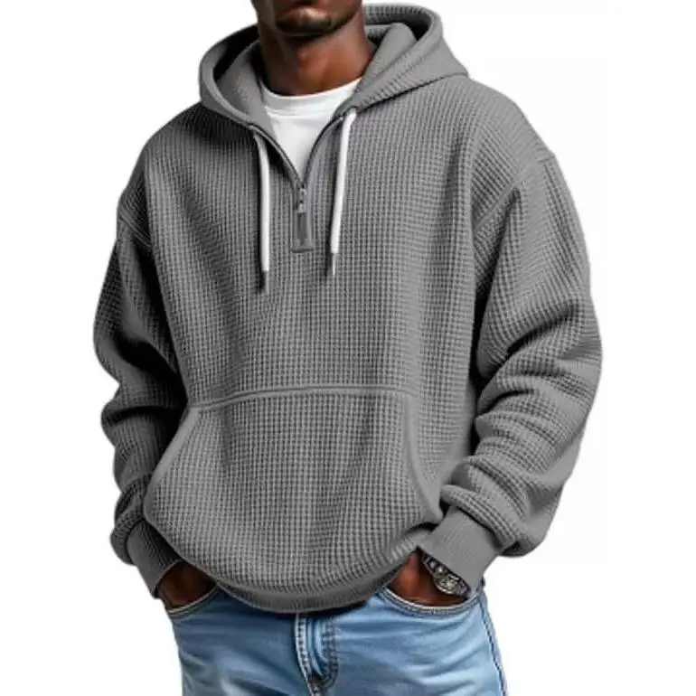 Mens Waffle Solid Color Loose Fit Long Sleeve Hooded Sweatshirt Trendy Sporty Casual Mens Clothing Ideal For Daily Home Commute Outdoor Sports Fitness Training Running Everyday Male Outfit Classic Fabric