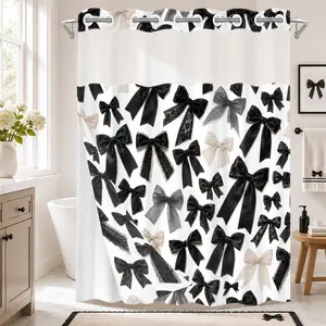 1Pc Hookless Double Layer Shower Curtain, Black White Coquette Bow Allover Print, Modern Feminine Bathroom Decor, Waterproof Mildew Resistant Washable Fabric, Removable Snap-in Liner, Top See-Through Window, For Apartment, Guest Bath, RV
