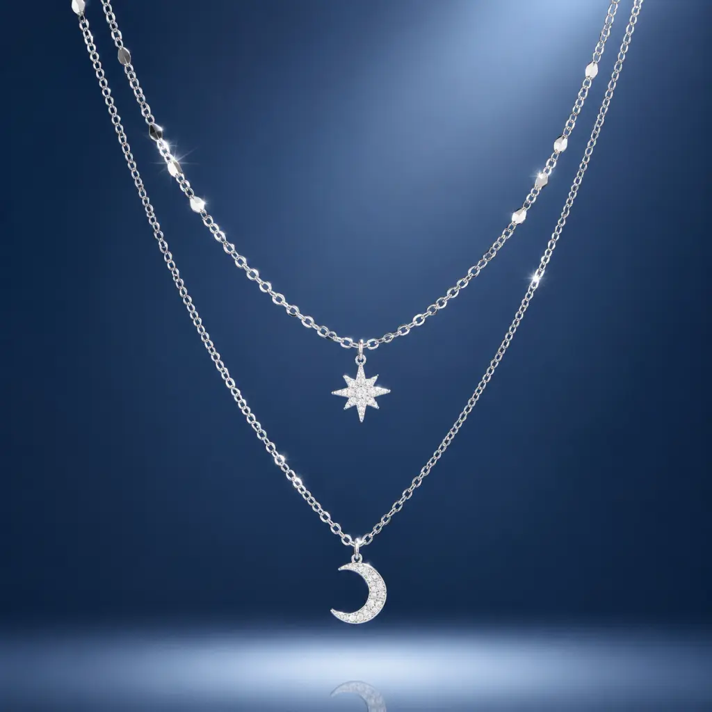 Women's Elegant Silver-Plated Alloy Star & Moon Layered Necklace - Crescent Moon Sun Star Pendant, 14x8mm Rhinestone Inlay, Adjustable Long Extended Chain, Chain Jewelry Necklaces, Party Wear Gift, Double Chain