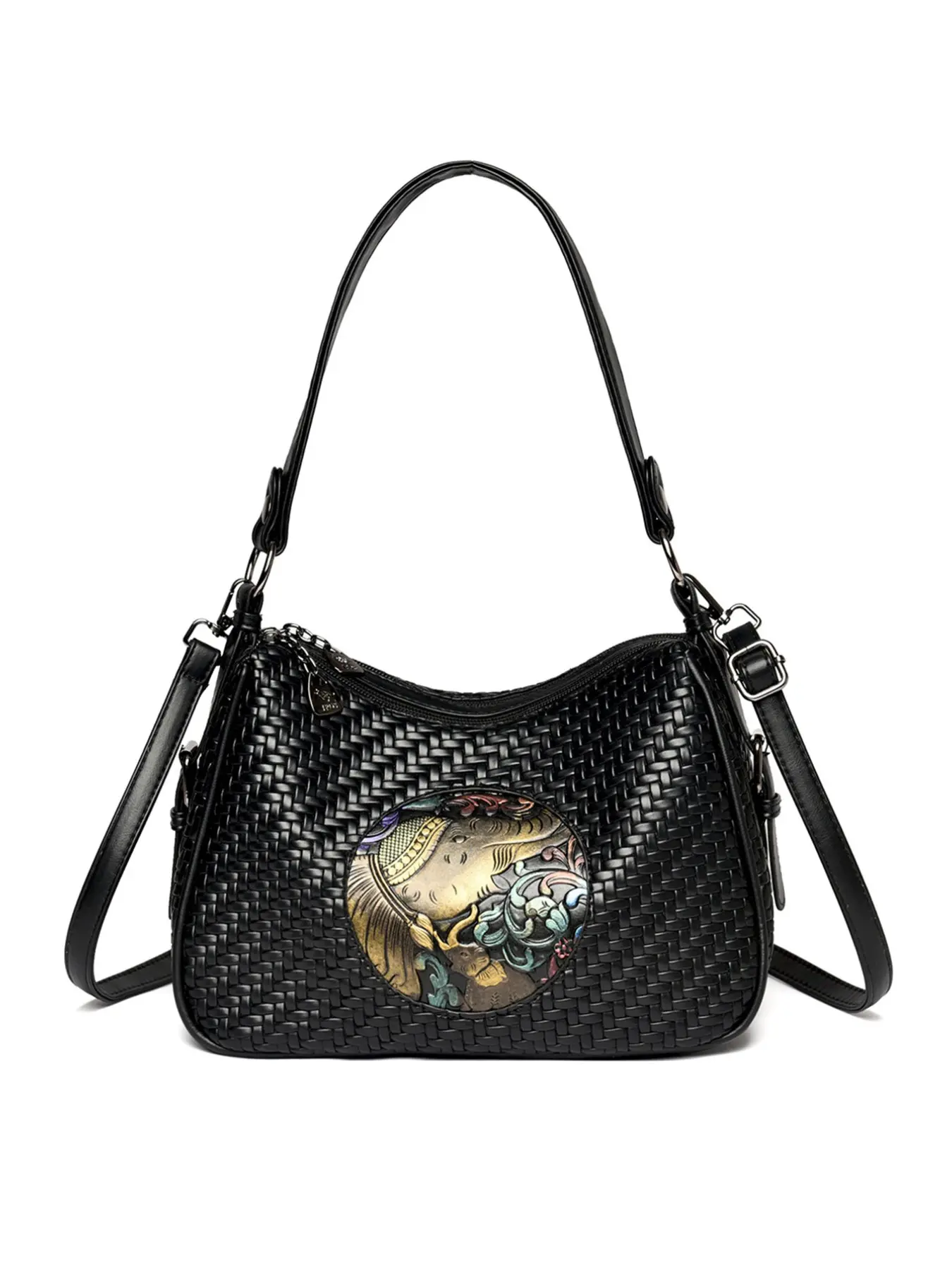 Vintage Handwoven Elephant Print Crossbody Bag, Dual-Use Shoulder & Crossbody PU Leather, Large Capacity Commuter Backpack for Women