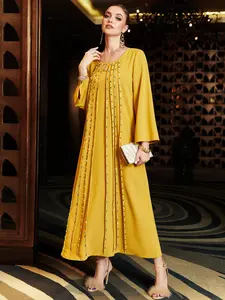 Women's Golden Long Robe, Vertical Beaded Pleated Dress, Loose Bat Sleeve Middle Eastern Dubai Casual Beach Cover-Up Abaya