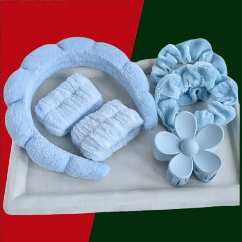 Women's Simple Solid Color Sponge Headband & Face-Washing Wristbands (6pcs), Plush Hair Accessories Set, Suitable for Daily Use, Soft Puffy Headband, Make Up Headband