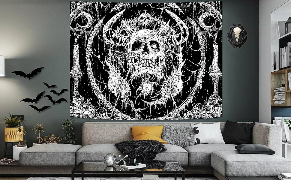Skull Tapestry, Gothic Horror Moon Skeleton Mystic Dark Tapestries for Bedroom Grunge Wall Hanging Black and White
