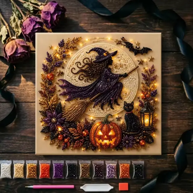 Halloween Diamond Art Kit, 5D Diamond Painting Kit for Adults with Witch Pumpkin Black Cat Canvas, DIY Craft Project, Relaxing Stress Relief Activity, Holiday Home Decor