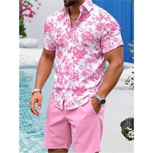 Men's Pink Print Short-Sleeve Shirt& Shorts Set, Casual Comfortable Sports Outfit, Breathable Summer Poolside Vacation Loungewear2pcs Set