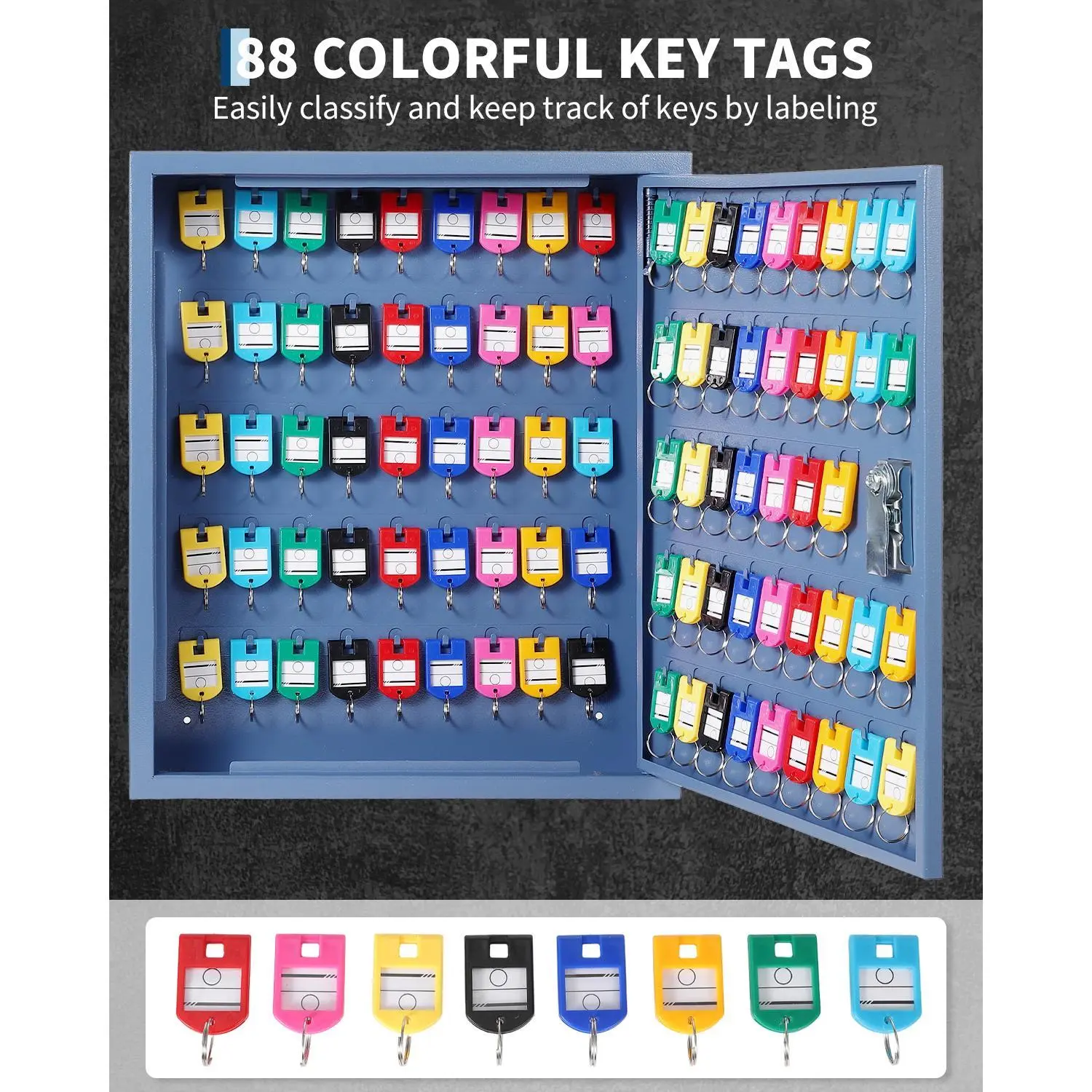 Keys Cabinet Organizer, Wall Mount Steel Key Lock Box with 2 Keys, Hooks & Colored Tags, Secure Key Storage