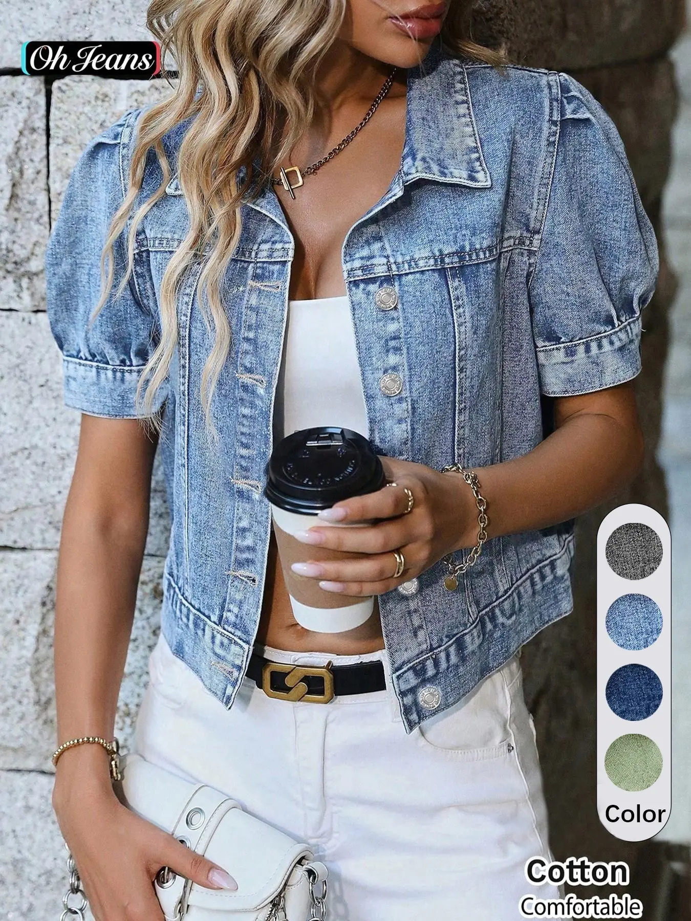 Women's Denim Jacket, Short Sleeve Button Front, Plain Lapel Design, Casual Outerwear, Multiple Colors, Daily Wear Style