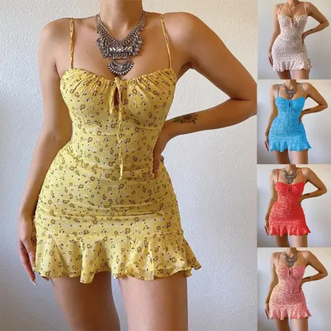 Women's 2026 Spring-Summer Sleeveless Floral Pattern Sexy Croquet Cami Dress - Hollow Out Bust Casual Wear, European-American Style Lawn Game Sundress