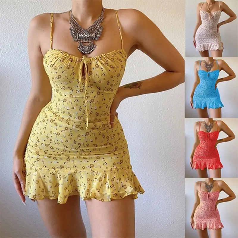 Women's 2026 Spring-Summer Sleeveless Floral Pattern Sexy Croquet Cami Dress - Hollow Out Bust Casual Wear, European-American Style Lawn Game Sundress