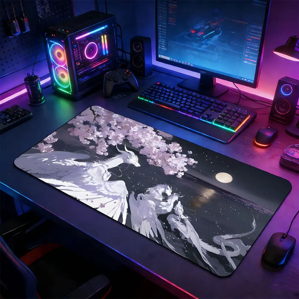 White Winged Dragon Cherry Blossom Large Extended Mouse Pad Multi Size Full Desk Coverage Smooth Cloth Surface Non-Slip Natural Rubber Base Stitched Edge Desk Supplies For Game Office Study, Suitable For Gamers Office Professionals Students Perfect Gift