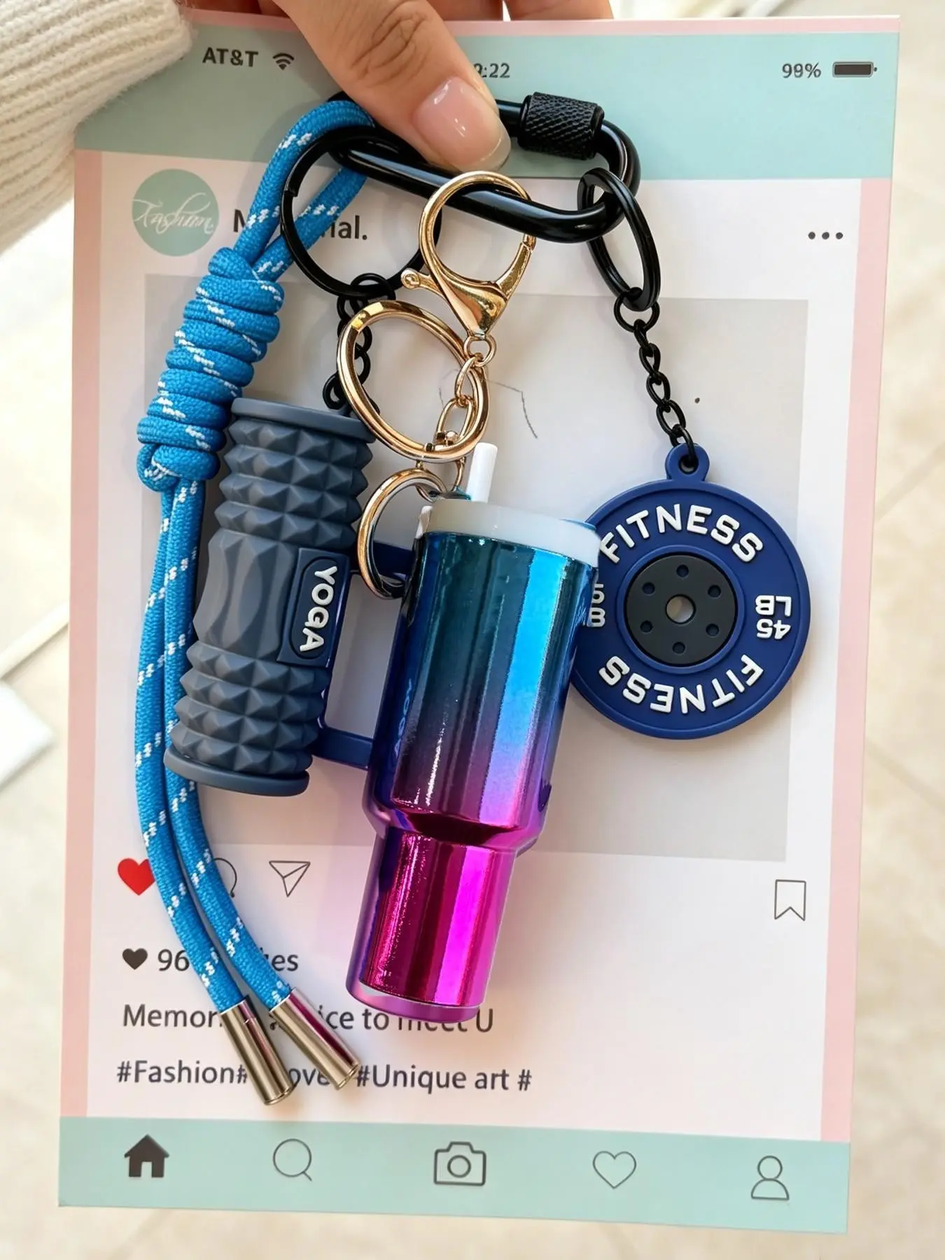 Backpack Charm Stanley Cup Charm, Fitness Aesthetic Keychain with Weight Plate & Yoga Roller, Woven Lanyard Carabiner Gym Gift for Gym Girls