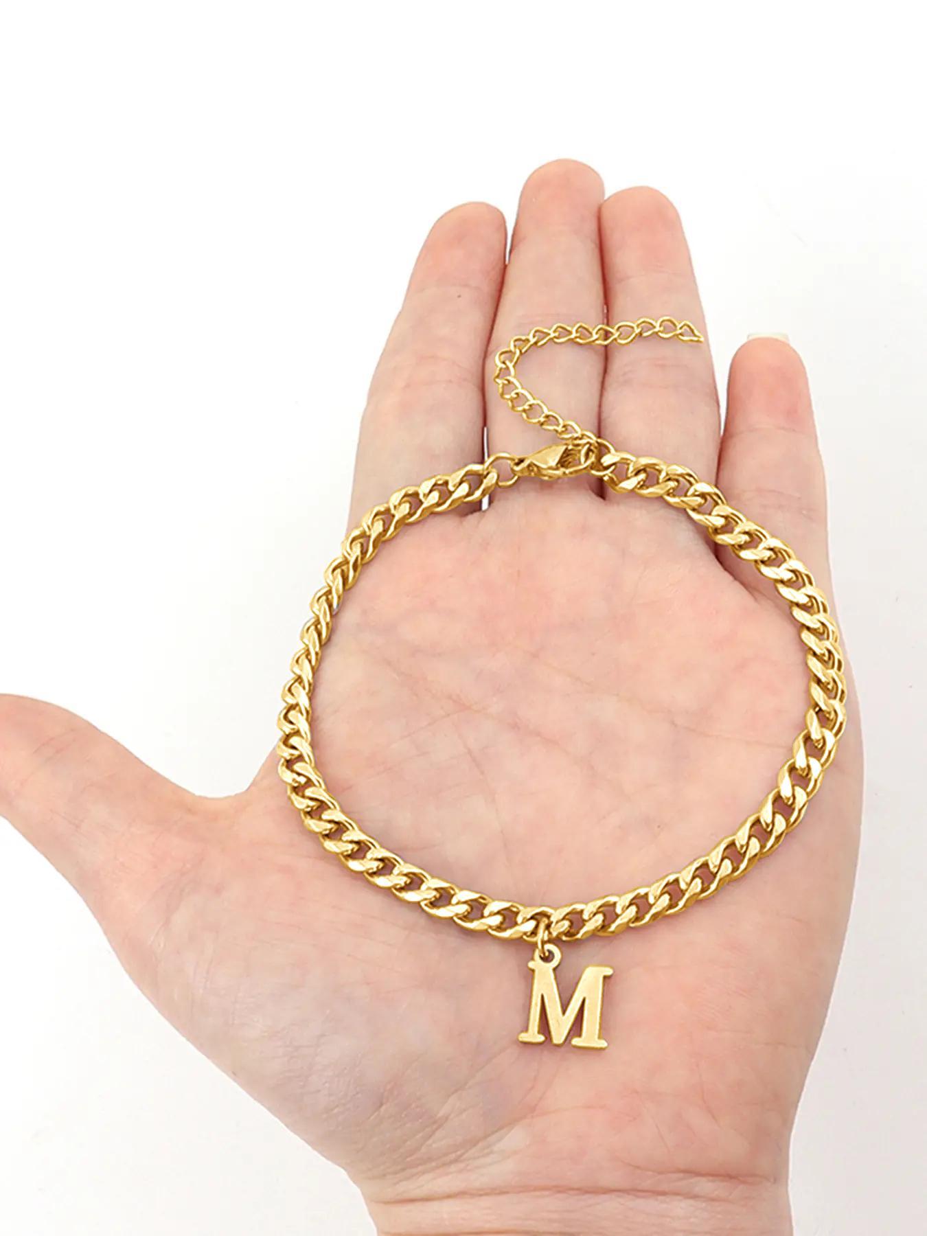 Letter Charm Decor Cuban Chain Bracelet, Minimalist Stainless Steel Personalized Jewelry for Men, Trendy Versatile Accessory