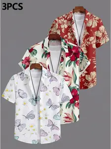 3-Pack New Men's Fun Butterfly & Tropical Floral Print Short Sleeve Shirts, Casual All-Season Fitted Blouses, Unlined Plain Surface Design