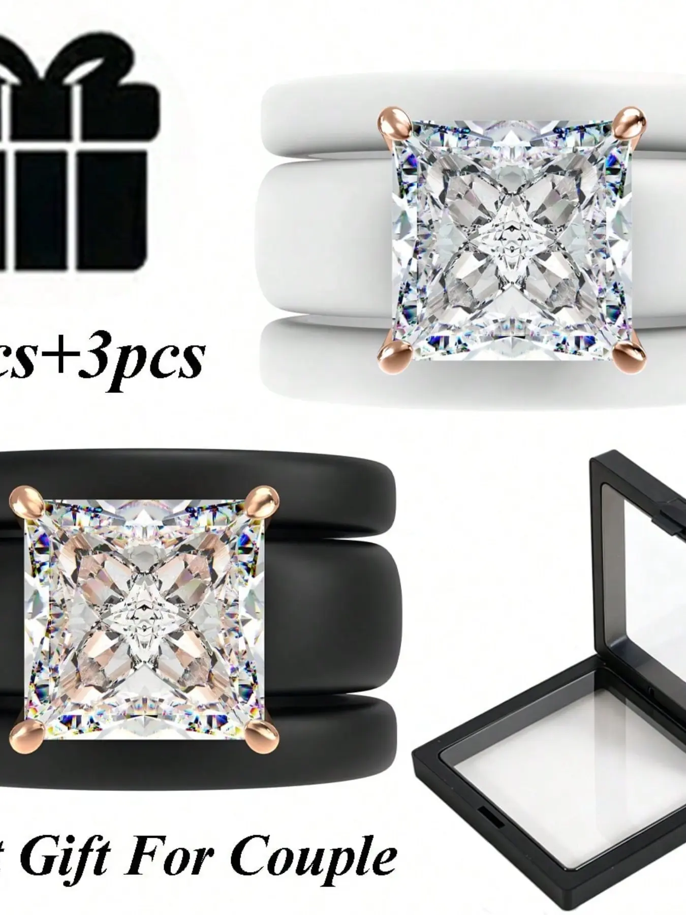 6 Pairs Couple Princess Square Cz Silicone Ring Set, 3 + 3 Cubic Zirconia Stackable Promise Rings, Wedding Engagement Jewelry Gift