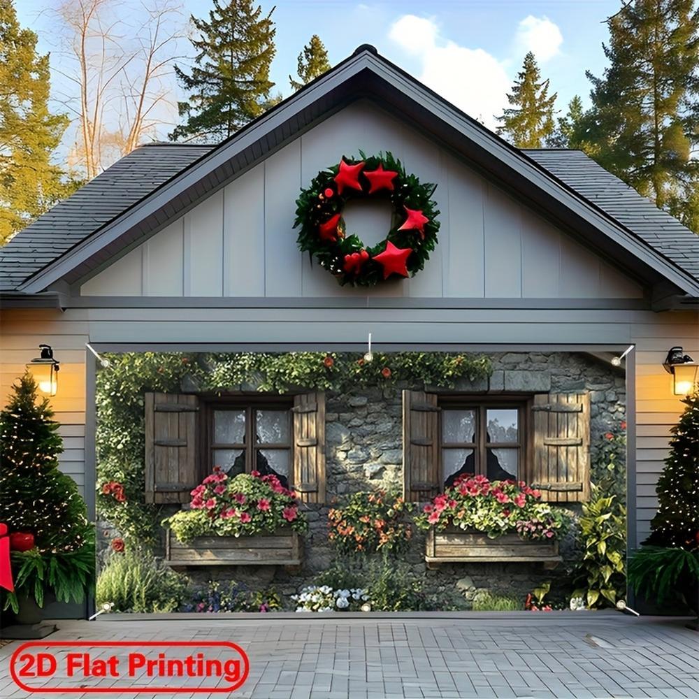 2D Flat - 2D Door Banner 1pc 2D Flat Large Polyester Garage Door Banner | Stone Wall and Colorful Floral Theme Design, Suitable for Festival, Courtyard, Studio, Home and Garden Celebrations, M