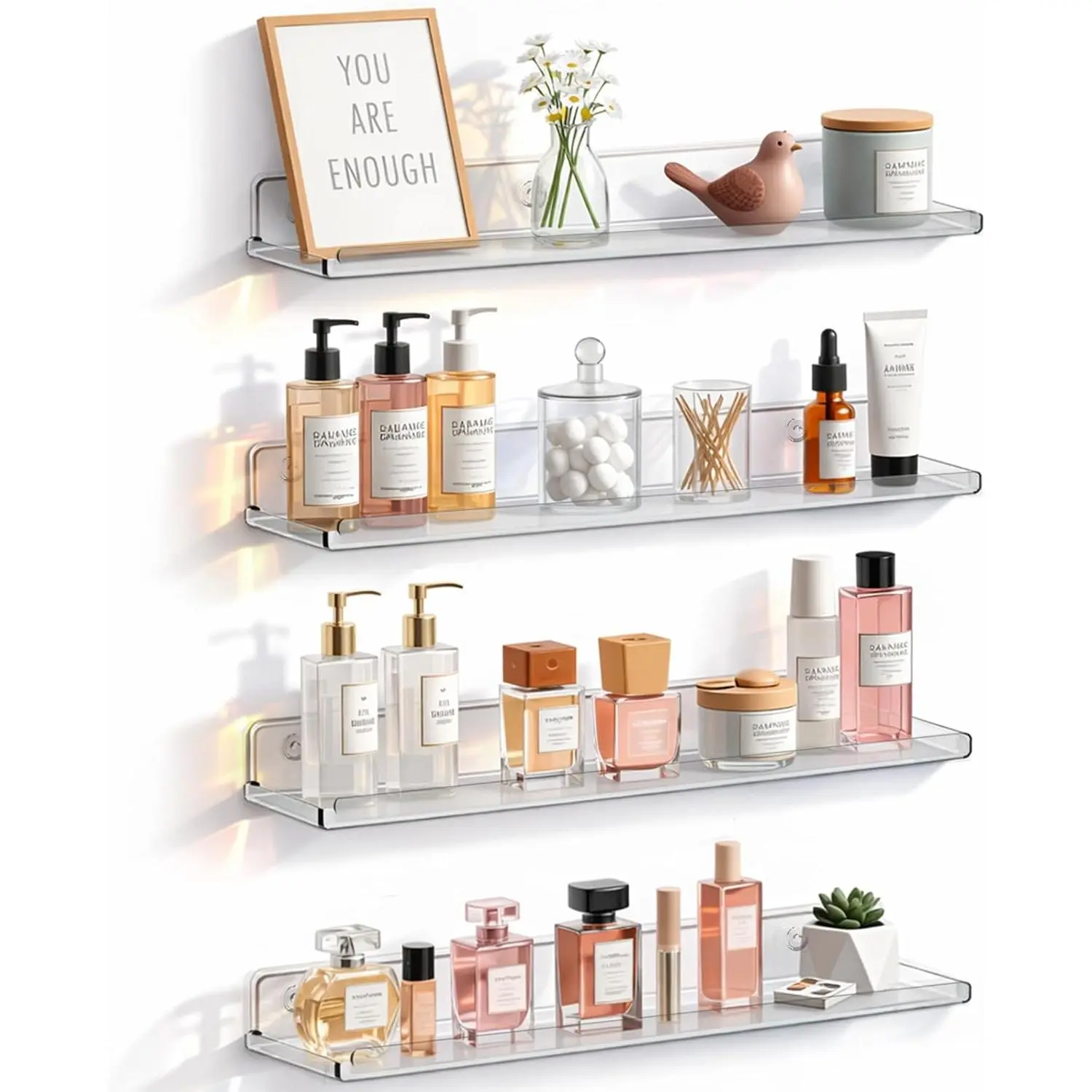 Floating Shelves for Bathroom,  Display Shelf Wall Mounted for Makeup, Skincare,  Polish, Book, 14" Perfume Organizer for Bedroom, Living Room, ,  Decor, Clear, 4 Pack