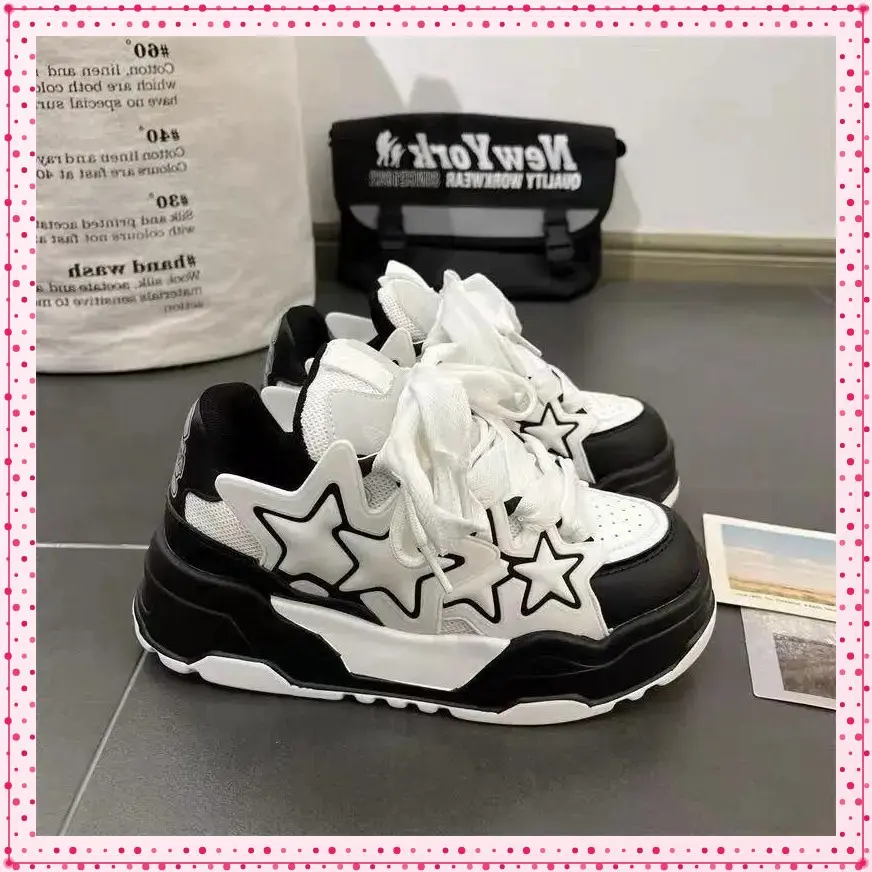 Men's Versatile Thick-Soled Height-Increasing Dad Shoes Spring Couple Sports Star White SneakersLZJ