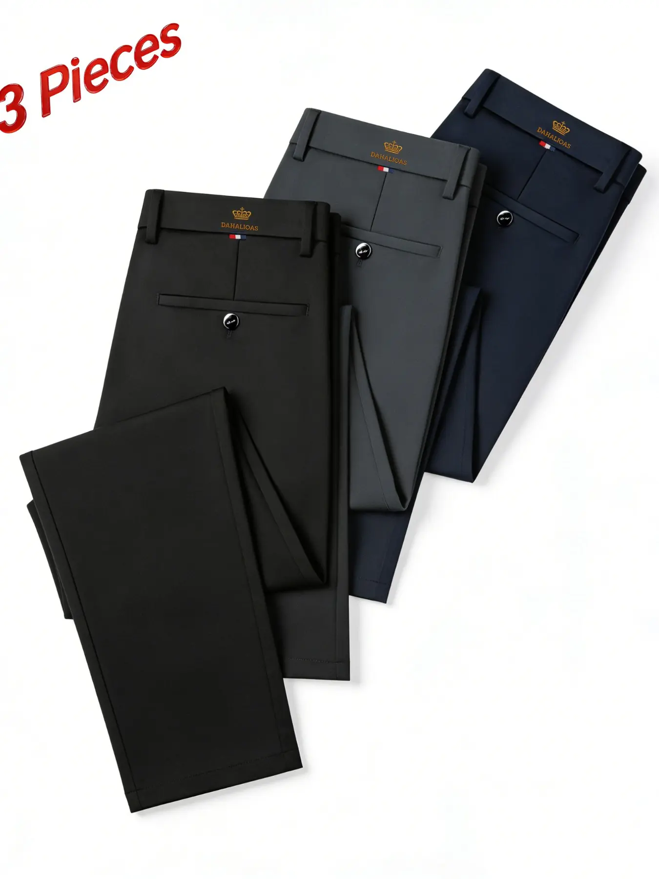 3-Pack Men's Business Casual Versatile Pants, High Stretch Wrinkle-Resistant No-Iron, Slim Fit Not Tight, Breathable Comfort, All-Season Wear, Superior Drape, Easy Care, Commute-Friendly, Trouser, Casual Business Bottoms