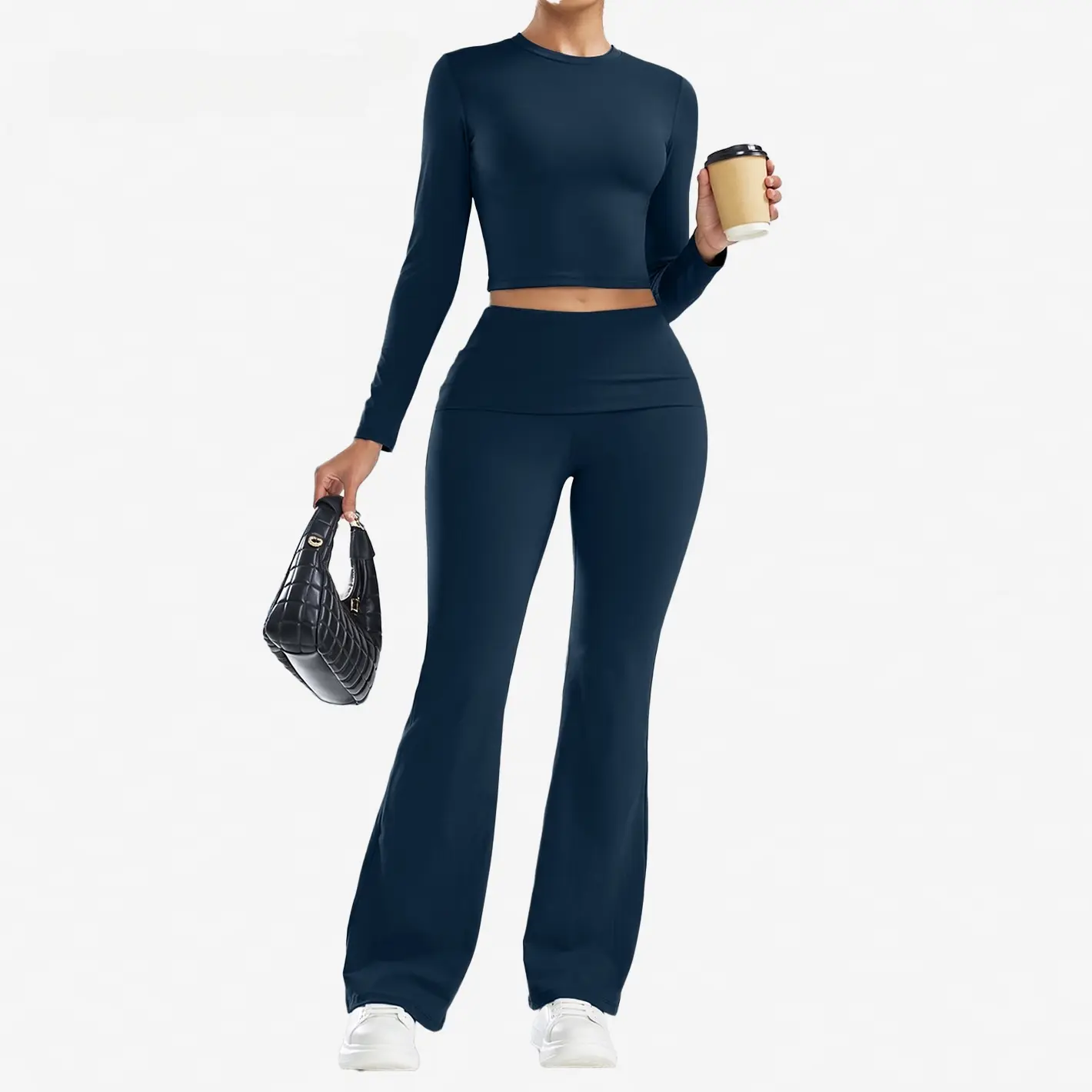 Female 2-Piece Buttery Soft Yoga Set - Round Neck Long Sleeve Crop Top & Fold Over High Rise Stretch Flared Leg Pants for Pilates, Gym, Daily Athleisure Wear, Two Piece Set