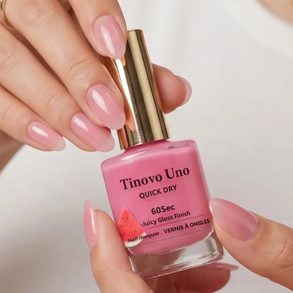 Tinovo Uno New Arrival Watermelon Pink Strength+Care Fast Dry Nail Polish 12ml, 60Sec Quick Dry, No UV Needed, Juicy Gloss Finish, Long Lasting, Multifunction Nail Strengthener, Improves Brittle, Yellow, Weak Nails, All-Day Wear, With Original Brand Cap.