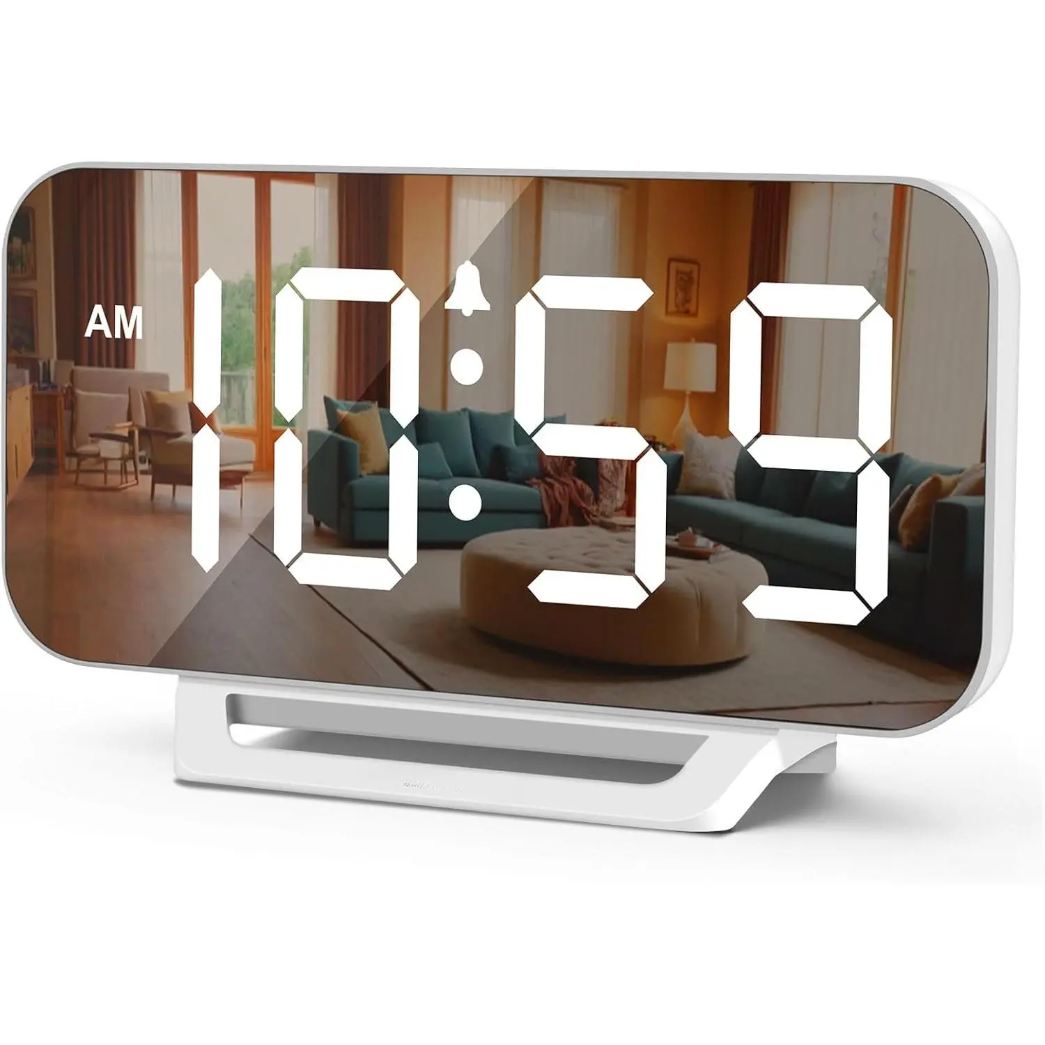 Slim Digital Mirror Aesthetic Alarm Clock for Bedrooms Desk Decor |   Plug in Electric Big LED Modern Small Clock for Office Living Room, Battery Backup, 6 Dimmers (White)