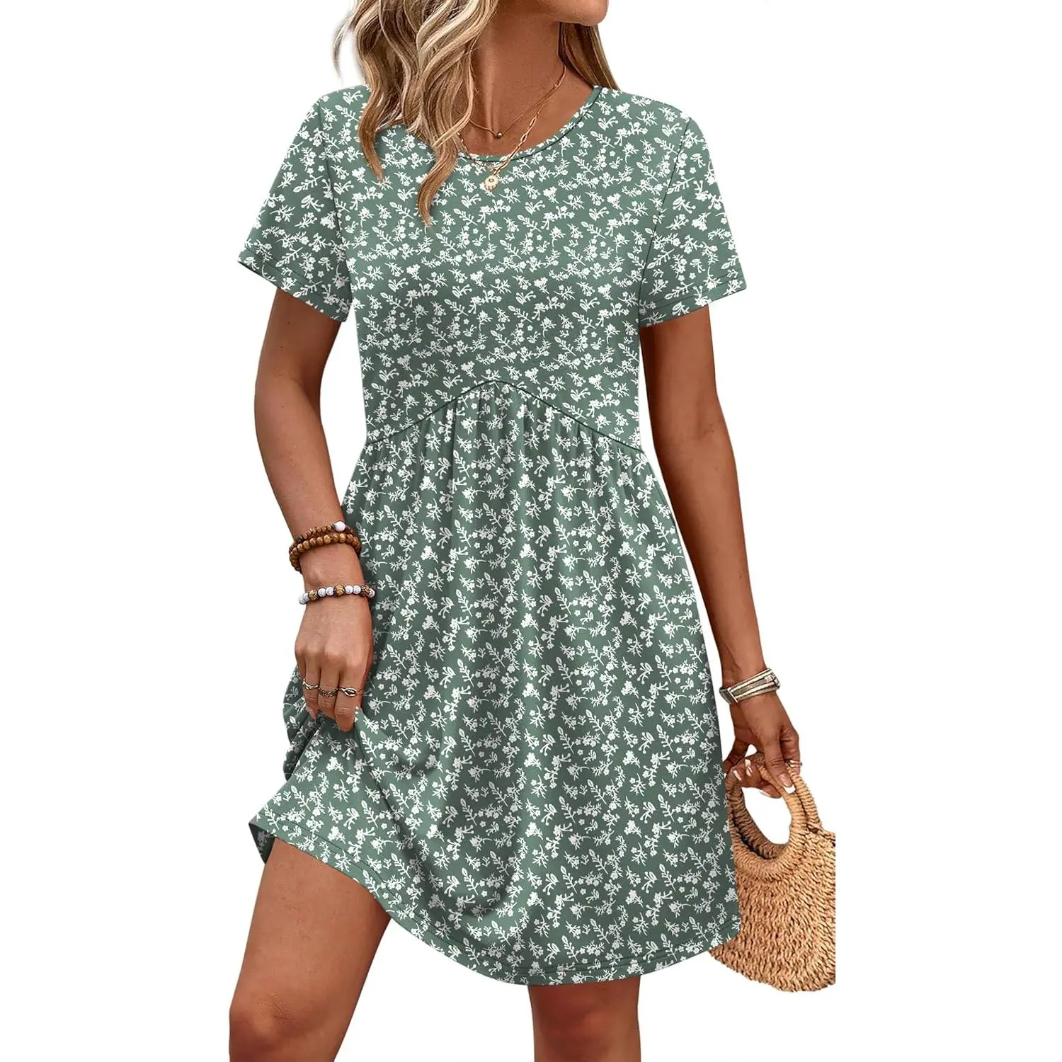 Spring Dresses for Women 2026 Short Sleeve Crew Neck Casual Dresses Empire Waist Maternity Dress with Pockets