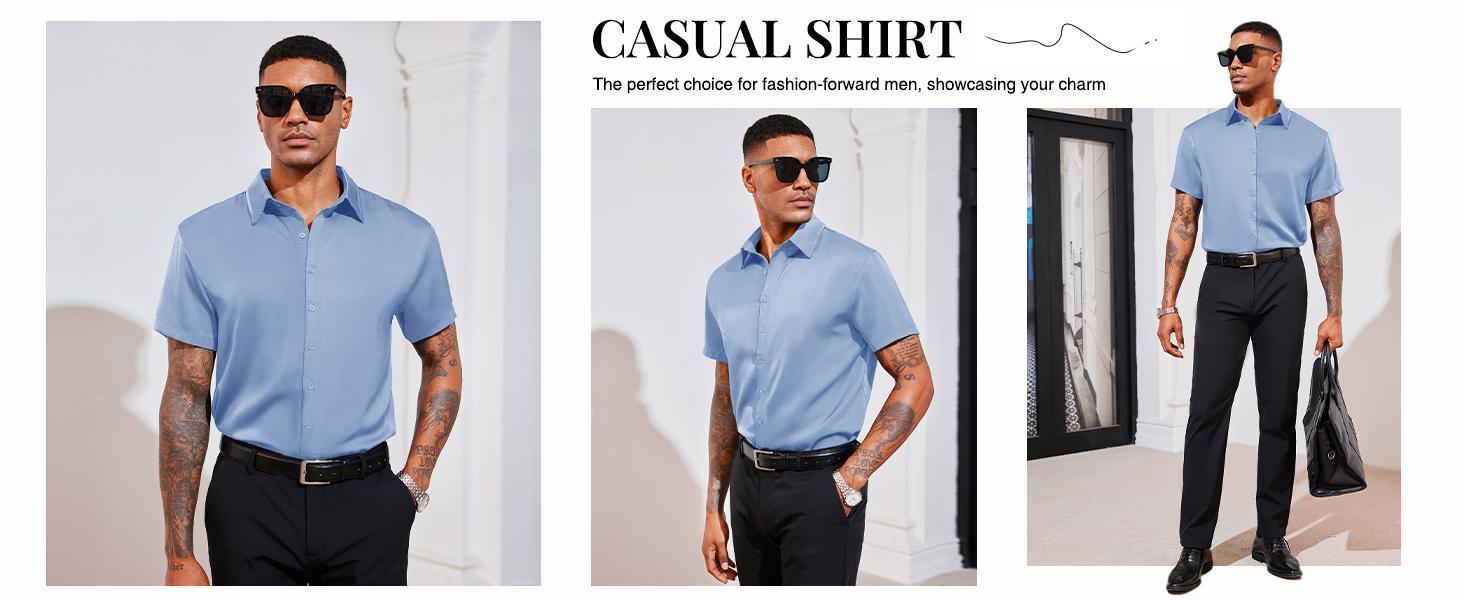 PASLTER Mens Luxury Satin Silk Dress Shirts Casual Button Down Short Sleeve Prom Party Wedding Shirt