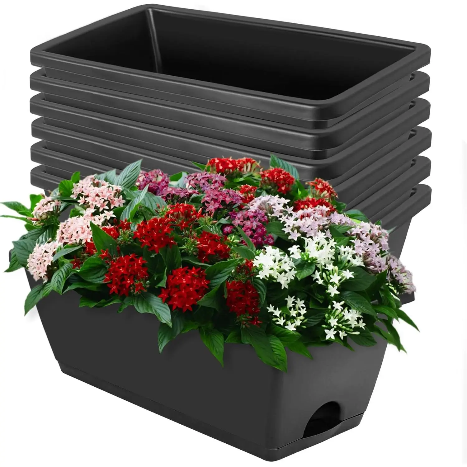Plastic Window Box Planter 17 Inches Rectangular Flower Pot with Saucer for Indoor Outdoor Garden, Patio, Home Decor (Dark Grey)