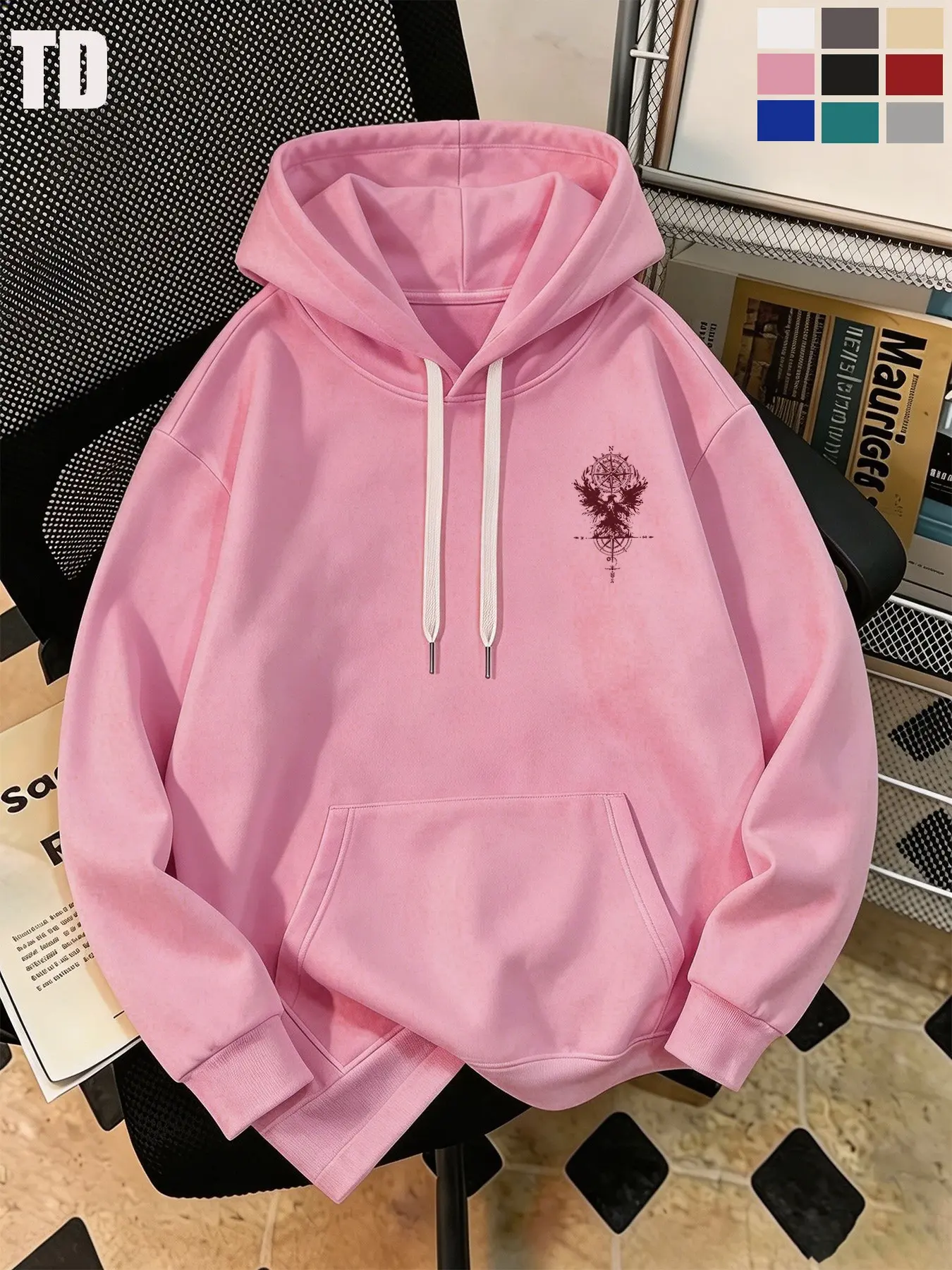 Td Casual Streetwear Hoodie, Vintage Eagle Graphic Print, Unisex Fitted Long Sleeve, Soft Pocket, Fall Winter Ootd, 9 Colors