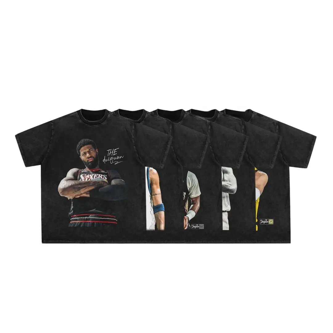 Washed Vintage Basketball Player Portrait Graphic T-Shirt Retro Sports Hip Hop Oversized Short Sleeve Tee 100% Cotton Unisex