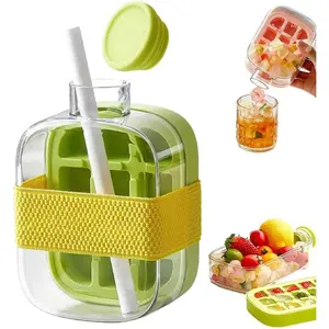 2026 Upgrade 2 in 1 Ice Cube Bottle with Straw,Portable Ice Cube Tray Built in Ice Mold Cup,Press to Release Touch Free Ice Tray Leak Proof Lid for Outdoor Office Travel Home Essential (Green, 17 OZ)