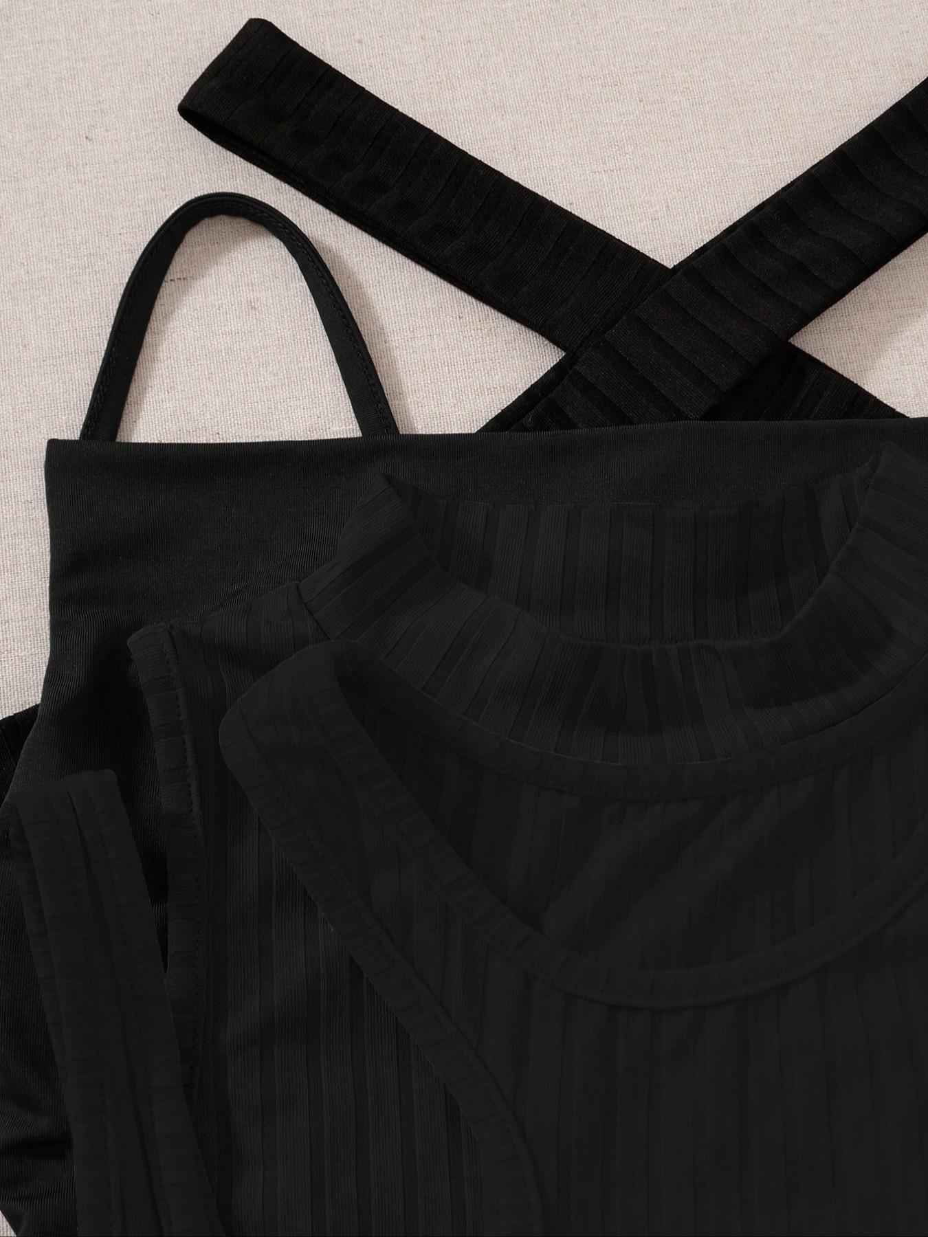 Women's Ribbed Knitted Hollow Out Drawstring Crop Top Set, Summer Fashion Casual Sleeveless Vest, 4 Piece Short Tank Tops for Women, Outdoor