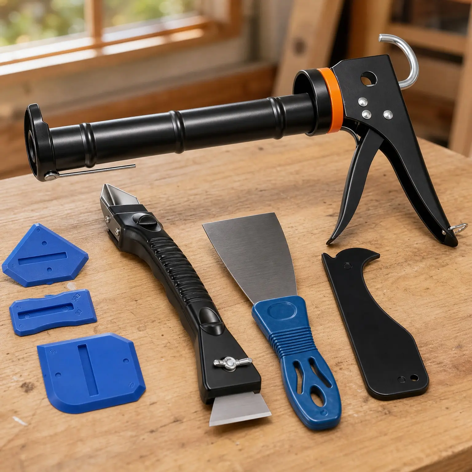 All-in-One Caulk Gun Kit with Silicone Smooth Caulking Gun, Caulk Remover Tool, Sealant Finishing Tool, Grout Scraper for Kitchen Bathroom Window Sink Joints, Gift Box Included