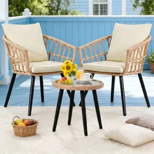 Aobtkel 3 Piece Patio Bistro Set, Outdoor Wicker Apartment Balcony Furniture Sets, Rattan Table and Chairs Set of 2 for Porch Backyard Lawn Poolside Deck, Beige On-Site