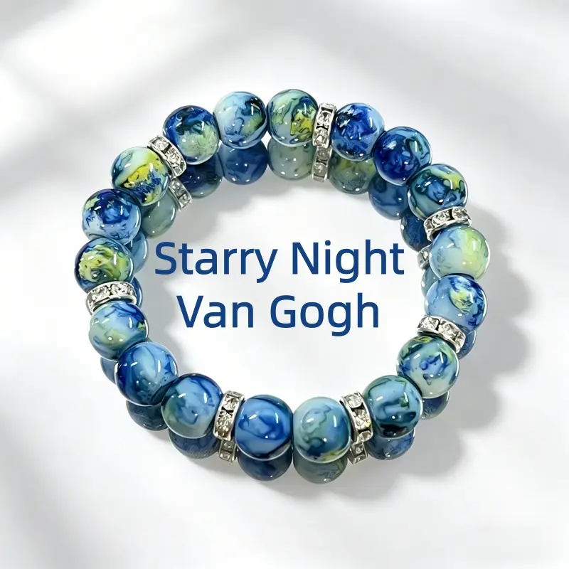 Single handmade elastic beaded bracelet of retro oil painting series with Van Gogh's Starry Sky color matching, versatile stackable accessory for men and women, perfect jewelry gift for all occasions, Adjustable Bracelet, Crystal Bracelets
