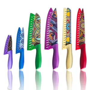 MDHAND Knife Set, 12PCS Kitchen Knife Set with 6 Knife Sheath & Gift Box, Stainless Steel Colorful Knives Set With Nonstick Ceramic Coating, Rustproof, Exquisite Pattern Design, Dishwasher Safe