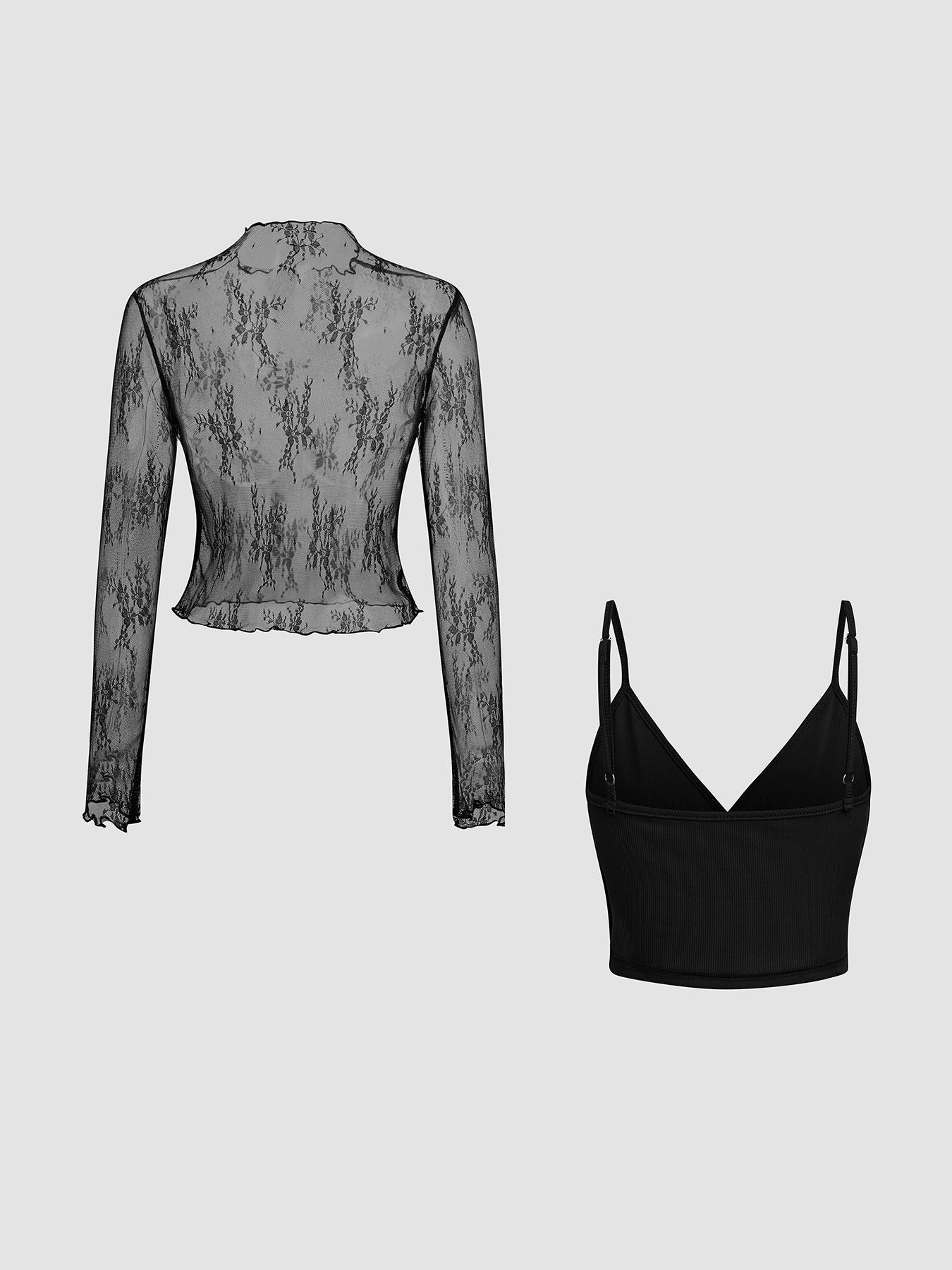 Women's Floral Lace Sheer Mock Neck Top & Solid Color Cami Top, Elegant Fashion Casual Two-piece Outfits for Daily Outdoor Wear, Ladies Clothes for All Seasons